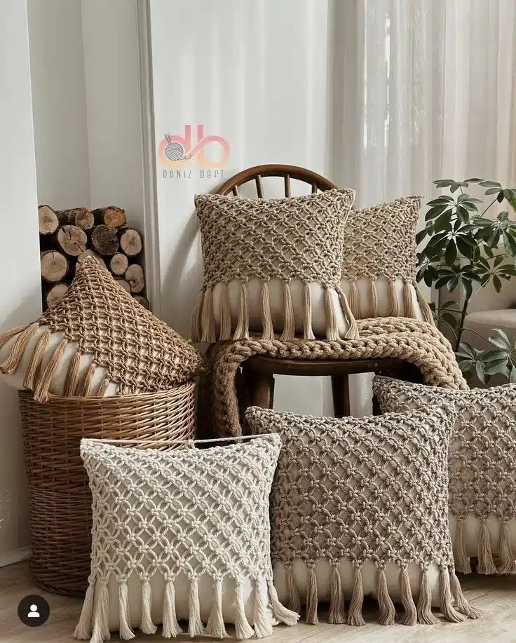 Almofadas de crochê boho chic com franjas, criando um ambiente descontraído e acolhedor.