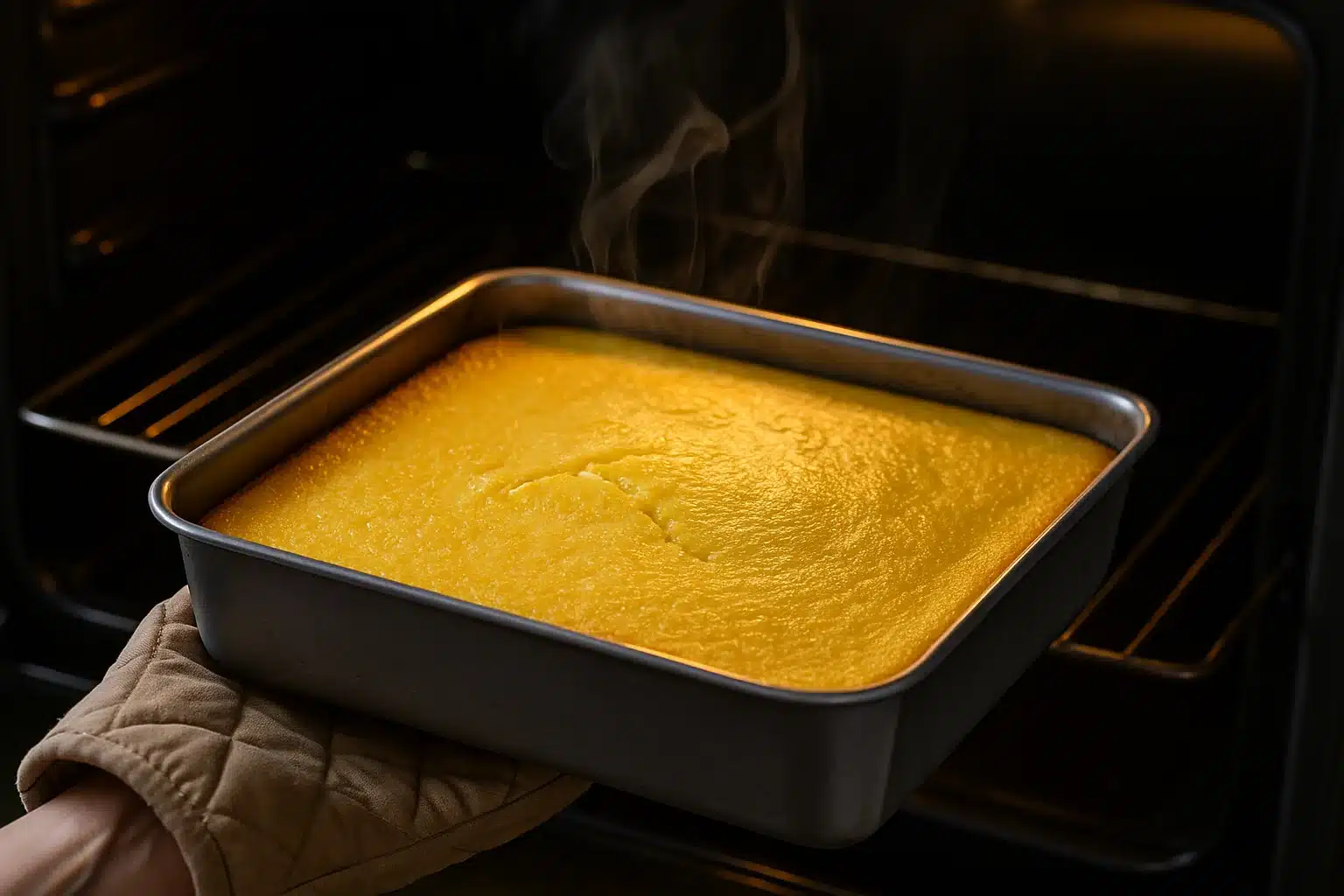 Bolo cremoso de fubá recém-assado saindo do forno com fumaça quente.