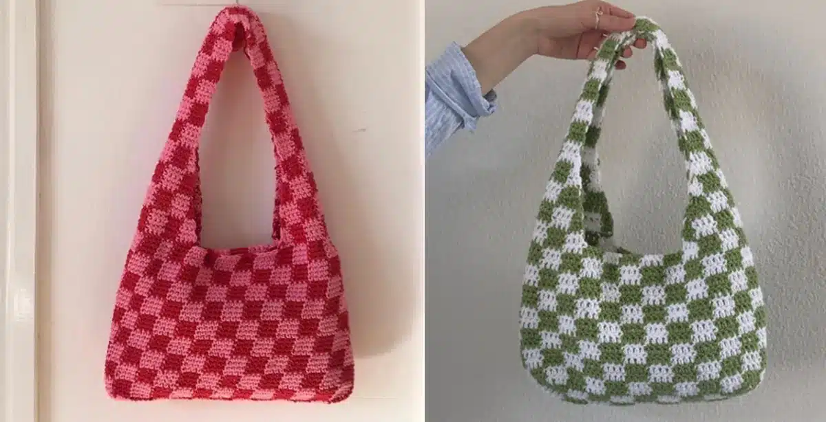 Bolsa de crochê colorida com padrão xadrez em estilo moderno
