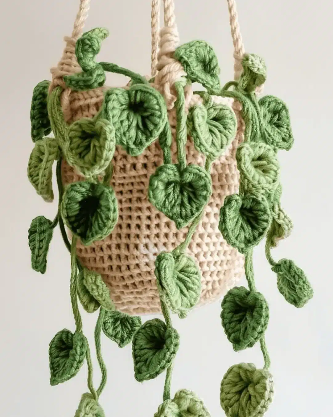 Suporte para planta de crochê bege com folhas verdes em relevo tridimensional.