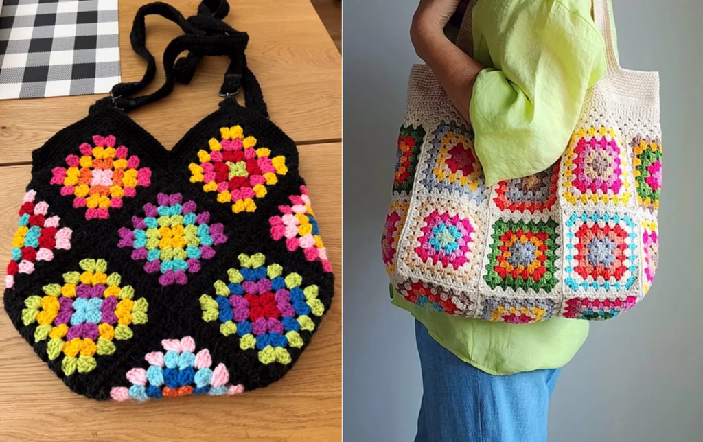 Bolsa de crochê colorida com quadrados em tons vibrantes, ideal para usar sobras de linha de forma criativa e estilosa.
