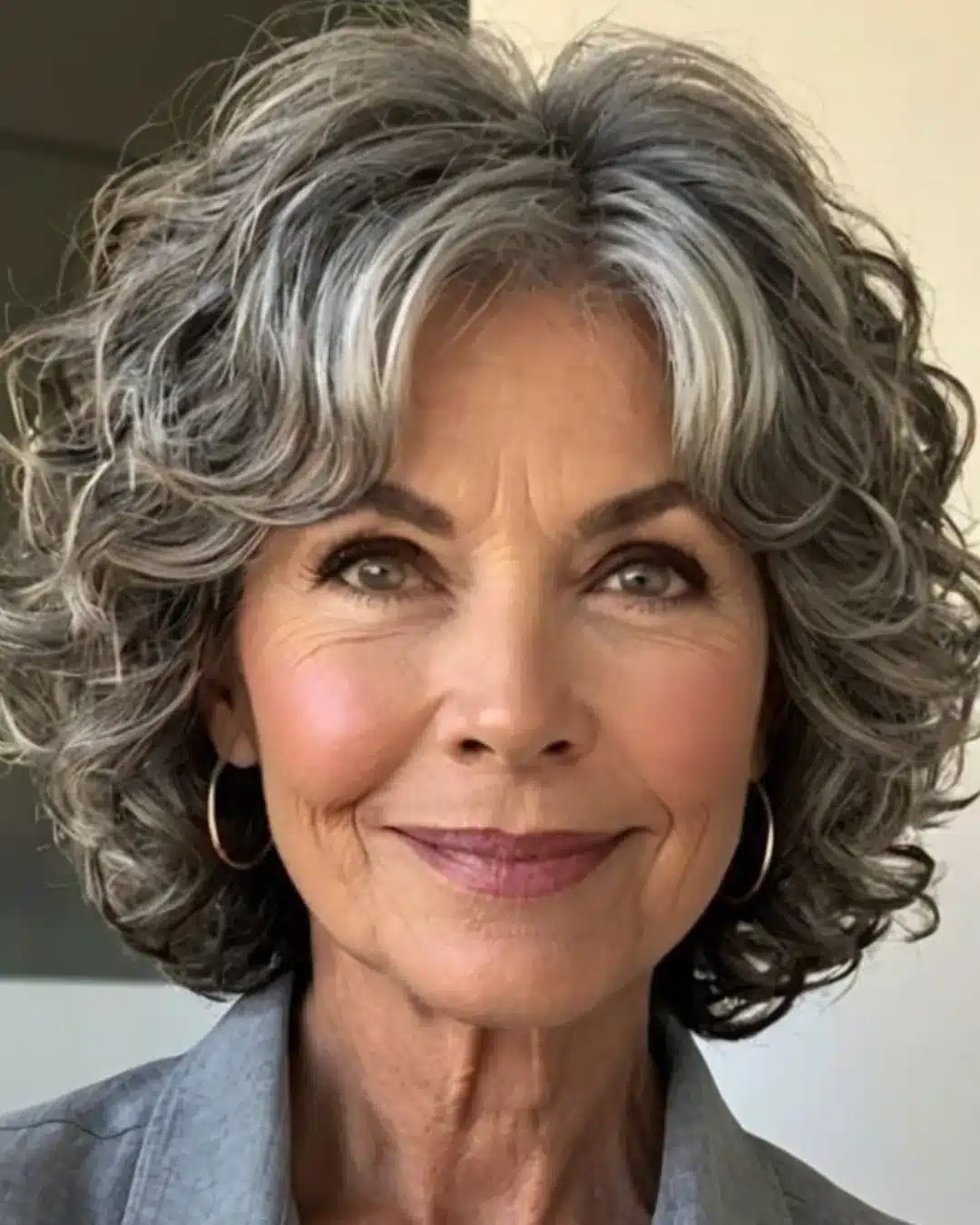 Mulher madura com cabelo cacheado médio e franja suave.