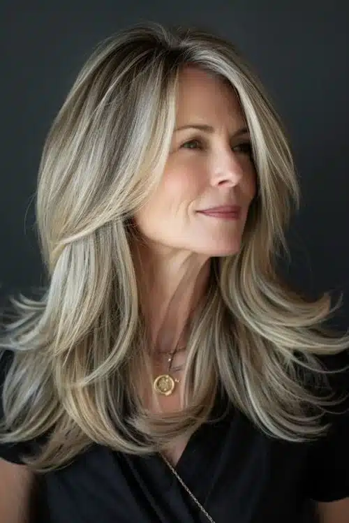 Mulher com cabelo longo em camadas, loiro, criando volume sem peso e com movimento natural.