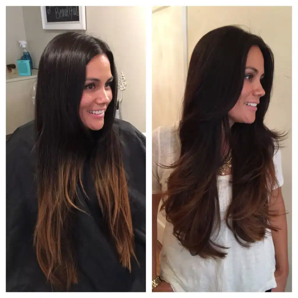 Transformação de cabelo com camadas longas, criando volume e movimento natural.