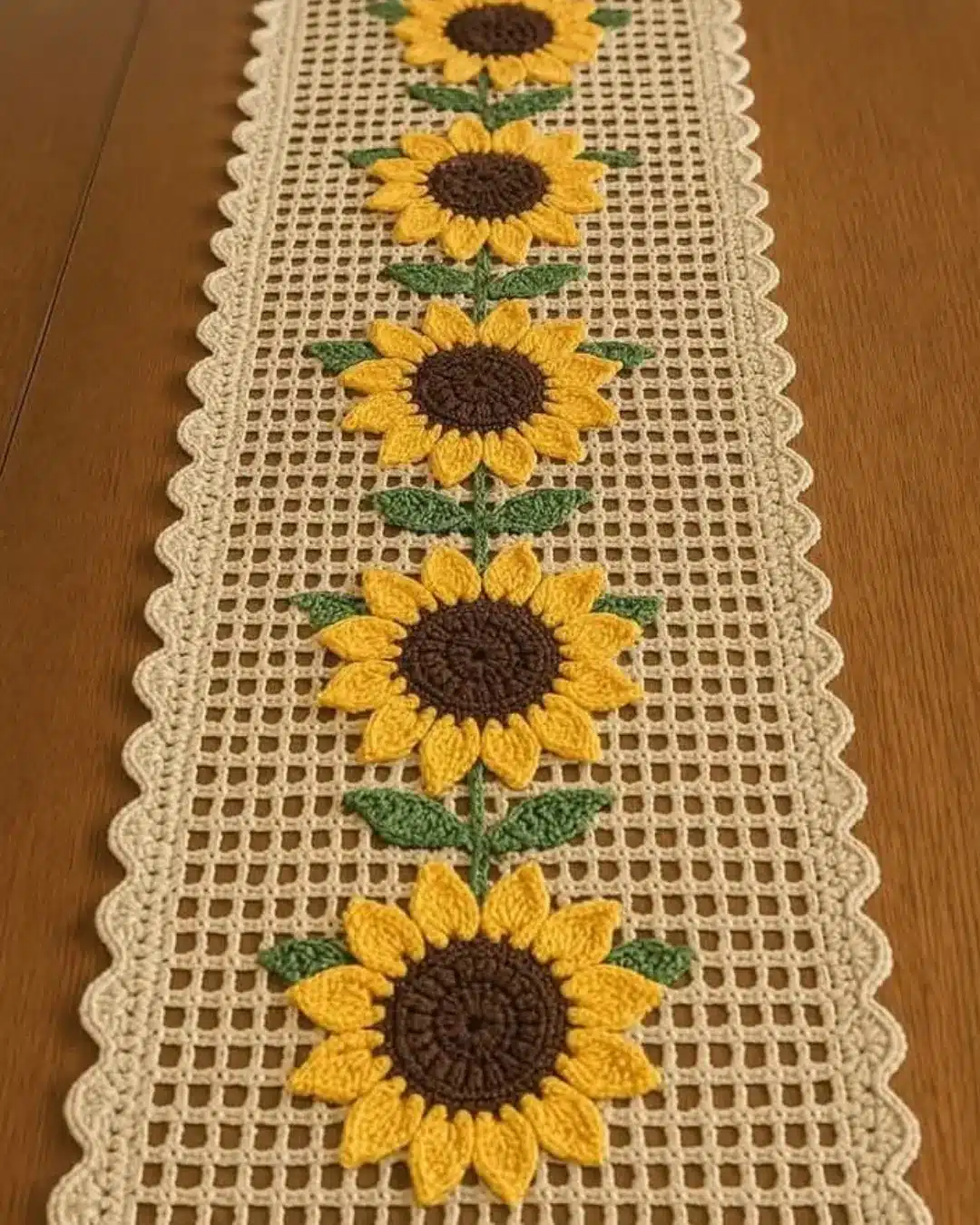Caminho de mesa em crochê com aplicação de girassóis em relevo