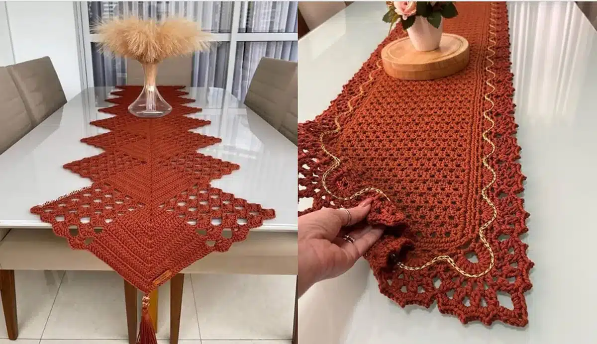 Dois modelos de caminho de mesa em crochê artesanal em tons terrosos
