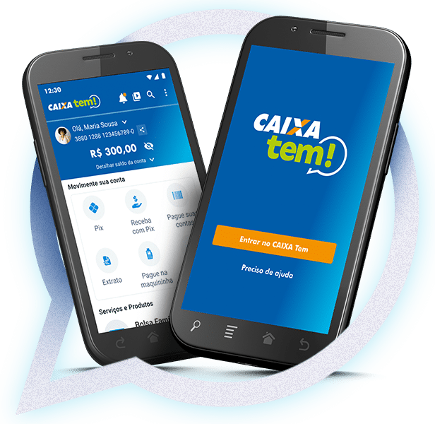 Interface do aplicativo Caixa Tem exibida em dois celulares