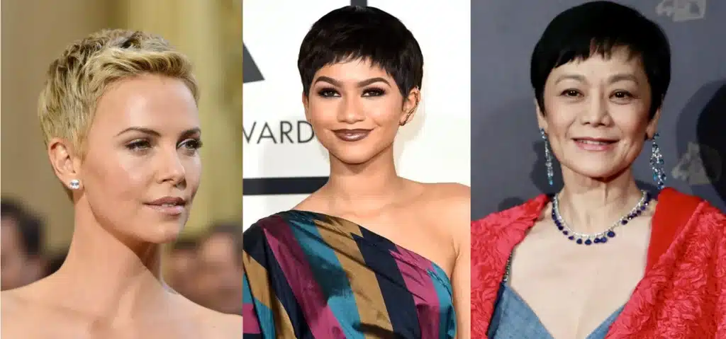 Celebridades com o estilo pixie cut como Charlize Theron, Zendaya e Sylvia Chang.
