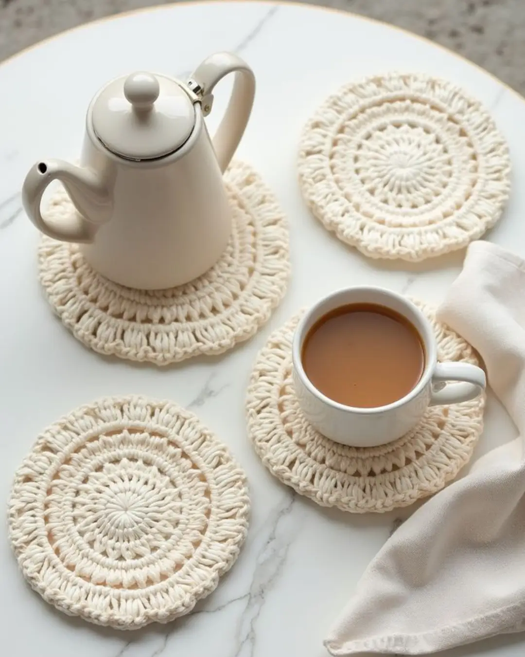 Conjunto de coasters de crochê com uma xícara de café e uma cafeteira