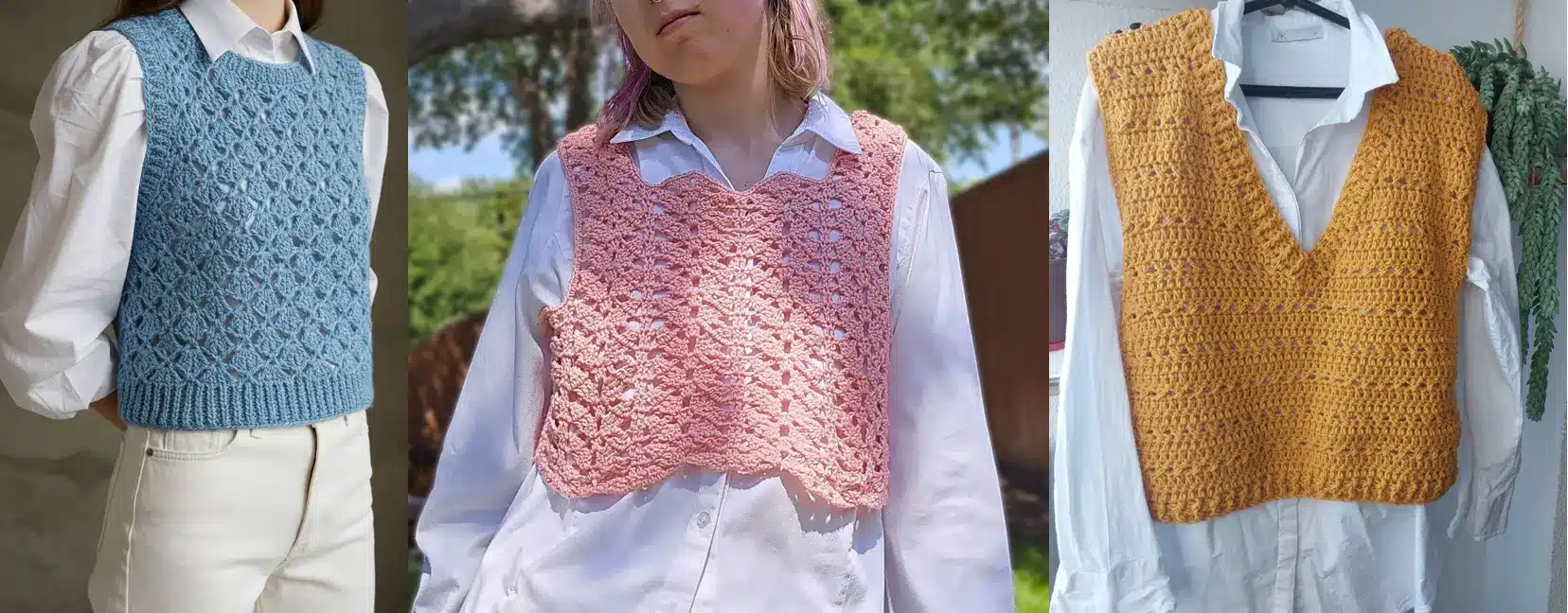 Imagem mostrando três tipos de coletes de crochê estilo cropped, em cores azul, rosa e mostarda, com diferentes tipos de pontos e acabamentos.