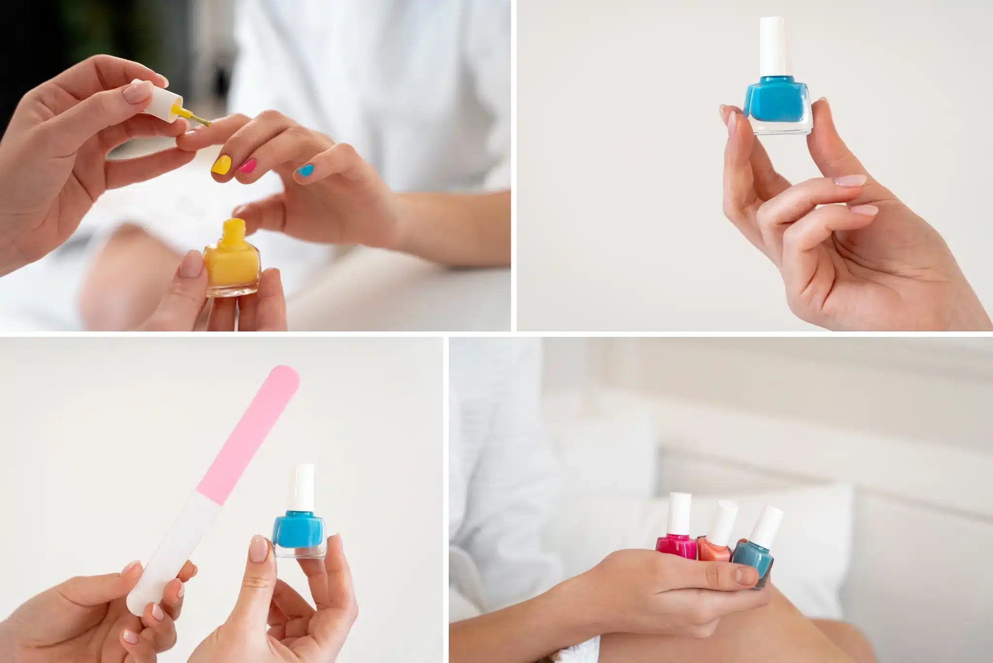 Unhas coloridas com esmaltes vibrantes e acessórios para cuidados, ilustrando a escolha do esmalte perfeito para cada ocasião.