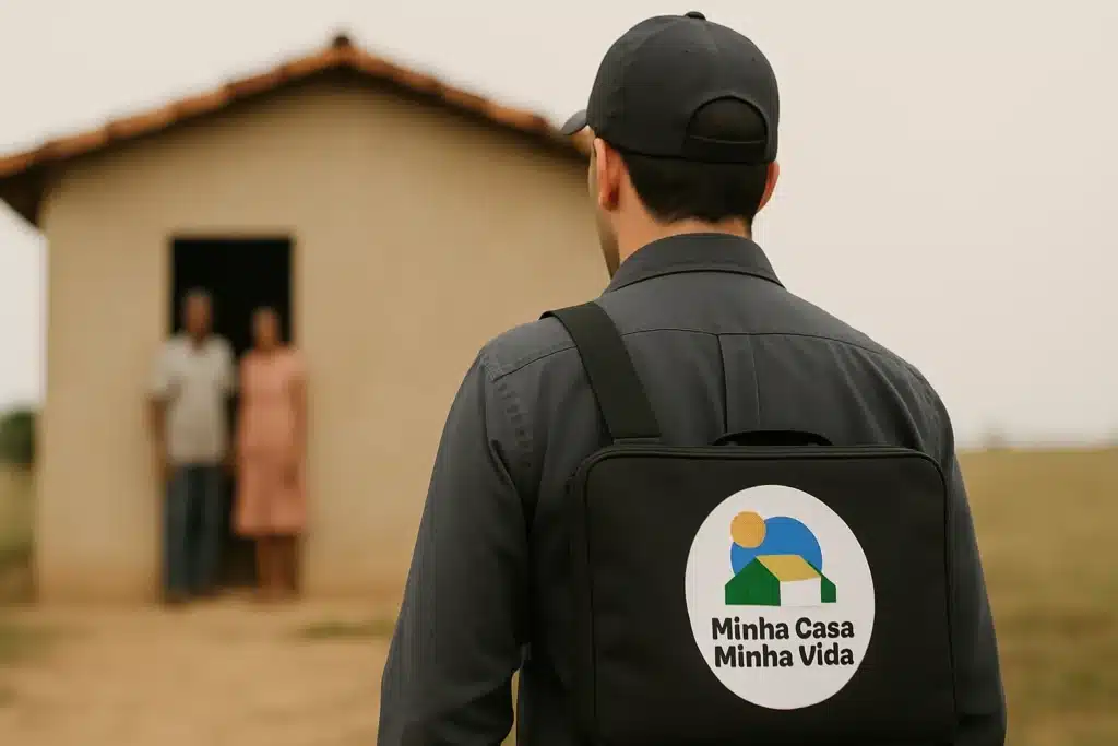 Visitante oferecendo acesso a programas habitacionais nas comunidades rurais, utilizando o programa Minha Casa Minha Vida para enganar moradores.