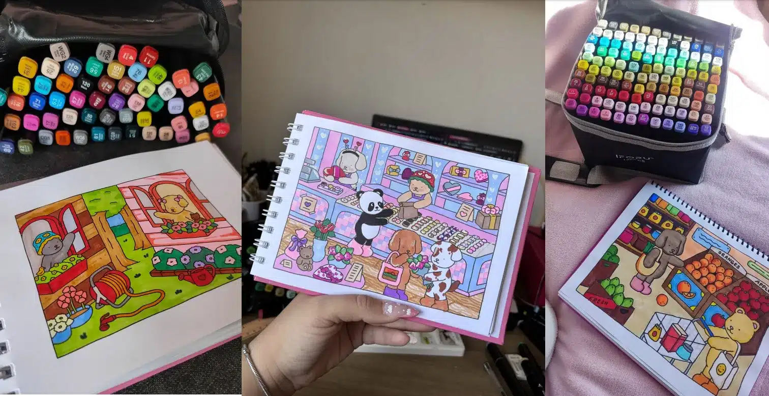 Imagem de várias páginas coloridas de um livro de colorir com animais fofos, representando exemplos criativos de como Bobbie Goods pode ser usado para criar produtos e gerar lucro.