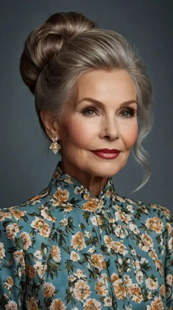 Mulher elegante com coque alto e flores no vestido, representando um estilo de penteado polido.