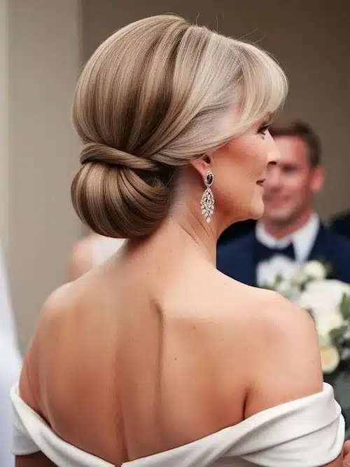 Penteado elegante com coque baixo, mostrando sofisticação e delicadeza