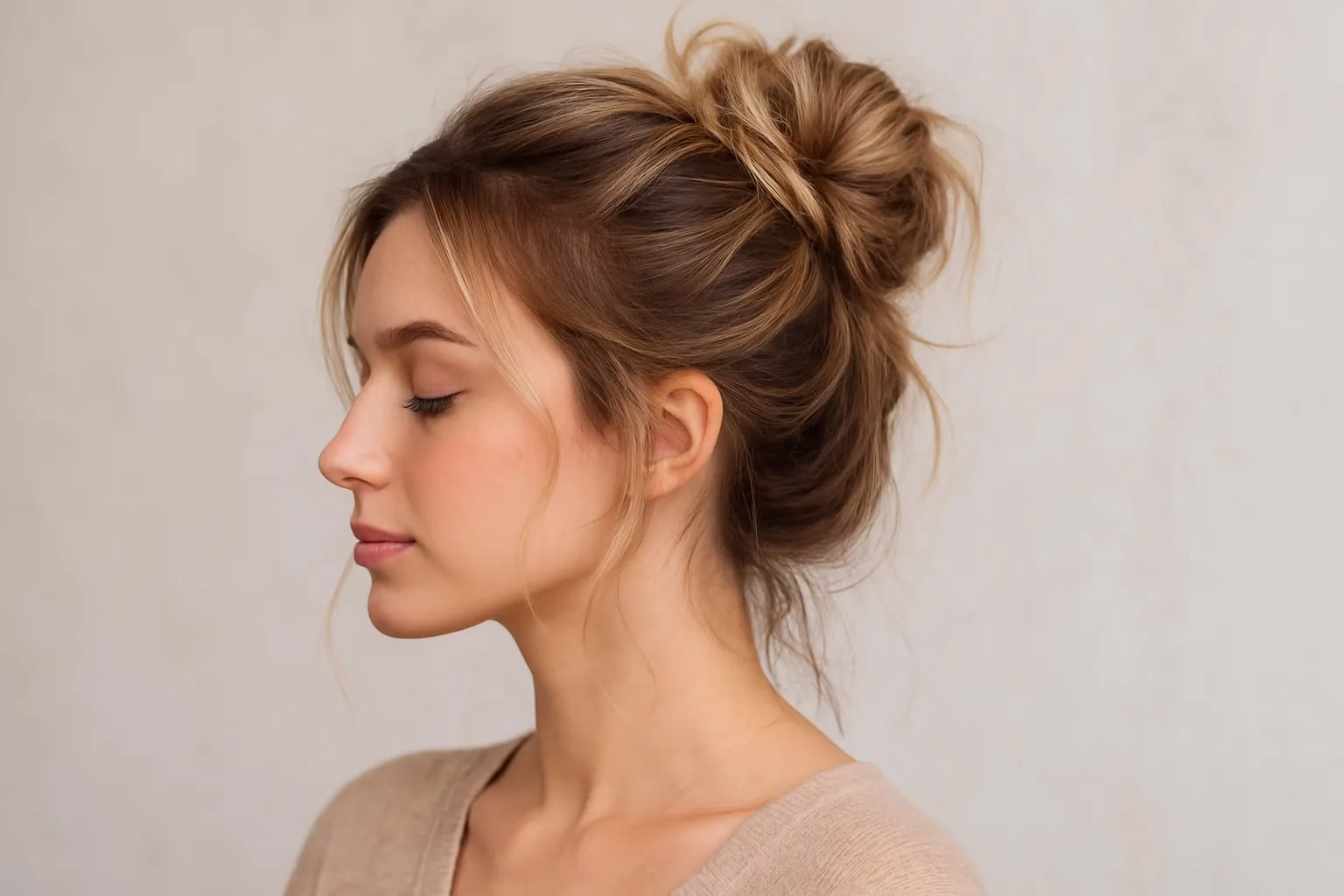 Mulher com coque despojado e elegante, mostrando um penteado prático e rápido.