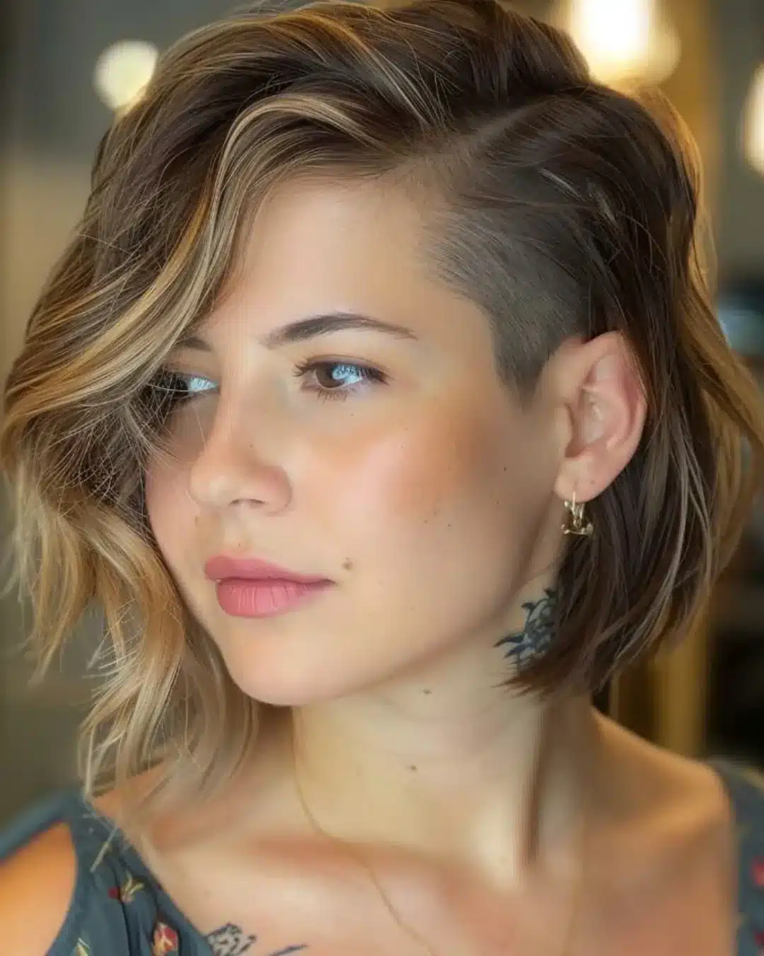 Corte undercut assimétrico em cabelo curto com mechas loiras.