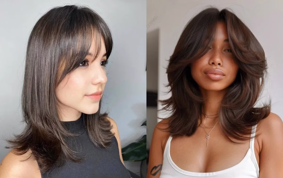 Corte médio com franja, um estilo moderno que traz frescor e leveza ao visual.