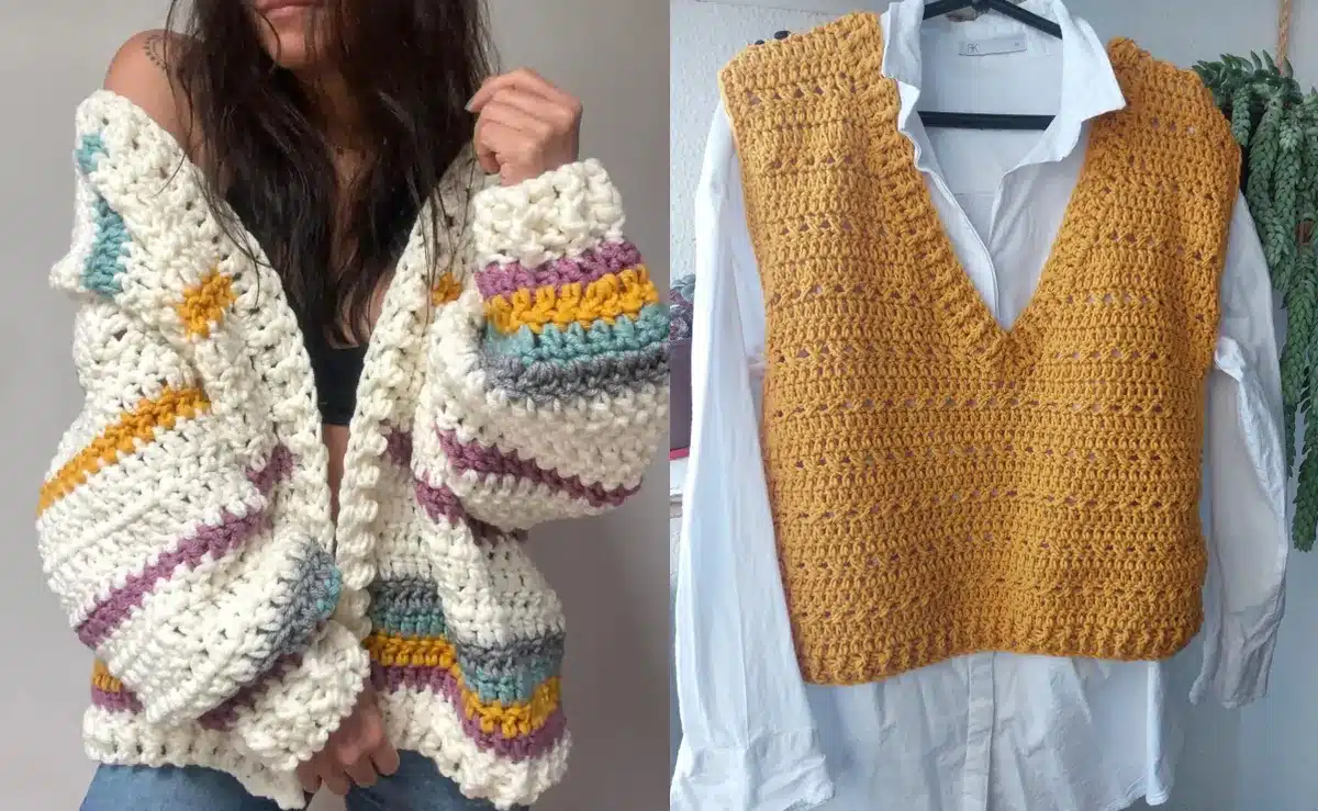 Imagem de casaco e colete de crochê, destacando o estilo colorido e moderno, com cores vibrantes como amarelo, lilás e azul, combinados com um look casual e elegante.