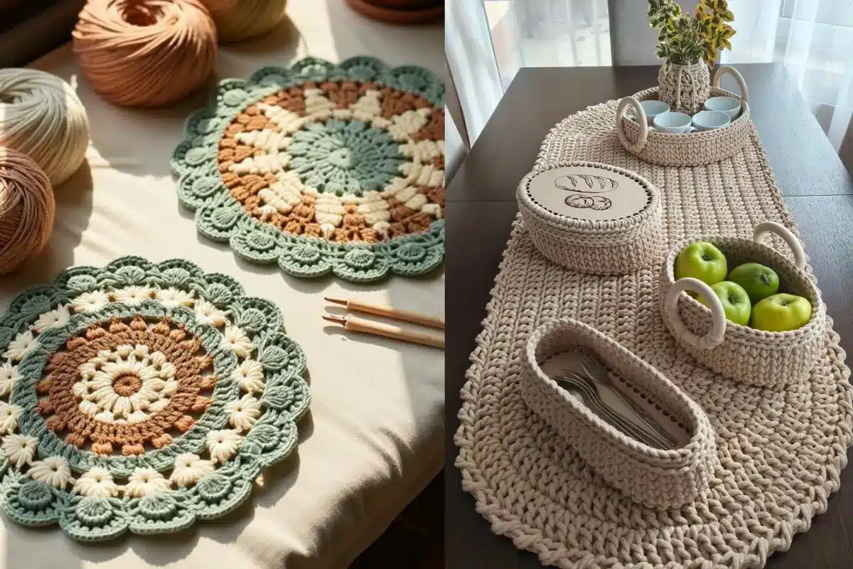 Conjunto de peças de crochê decorativas, incluindo jogos americanos e cestas, com tons suaves de verde, marrom e bege, decorando uma mesa com utensílios e frutas.