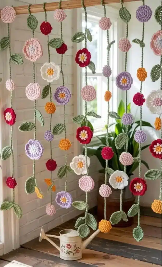 Decoração de flores de crochê coloridas penduradas com folhas verdes em um ambiente aconchegante.
