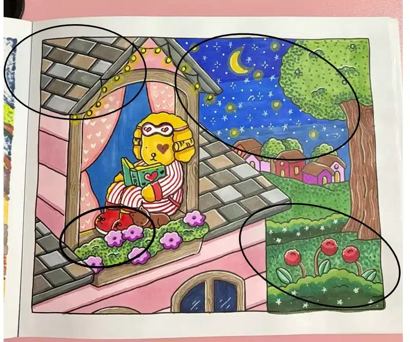 Desenho de um cachorro lendo em uma janela, com transições suaves de cor nas flores e no fundo do cenário.