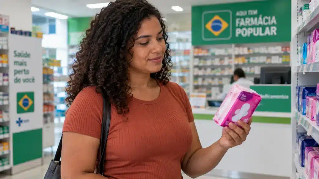 Mulher segura pacote de absorventes em farmácia participante do Farmácia Popular