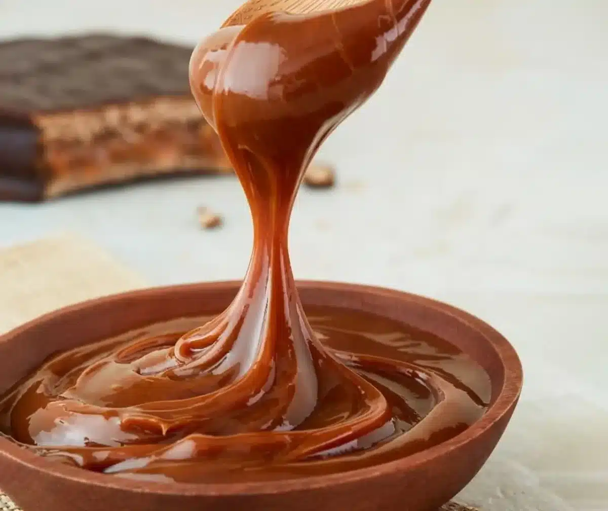 Colher derramando doce de leite cremoso em tigela de madeira