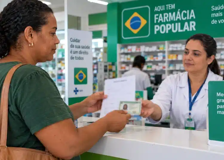 Mulher apresenta receita e documento para retirada de itens gratuitos pelo Farmácia Popular