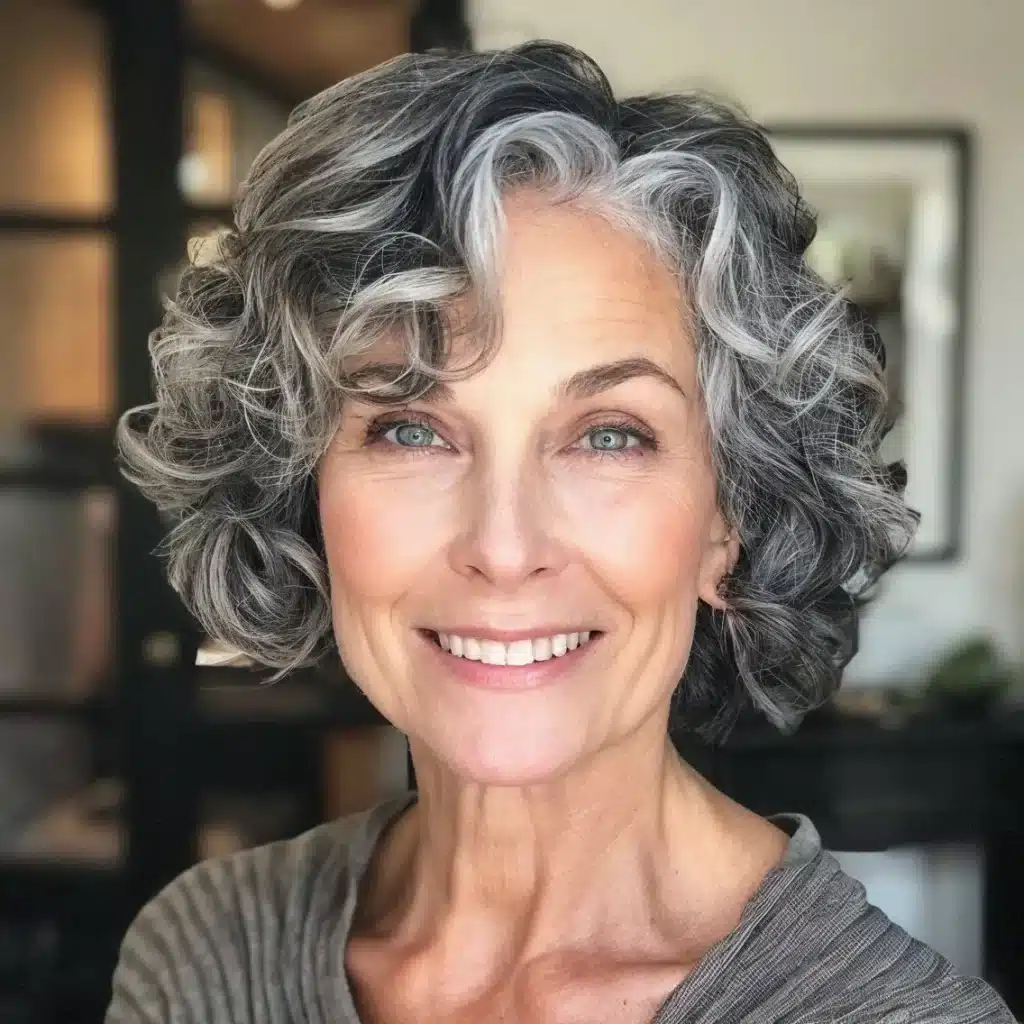 Cabelo cacheado grisalho com efeito esfumado em tons de cinza