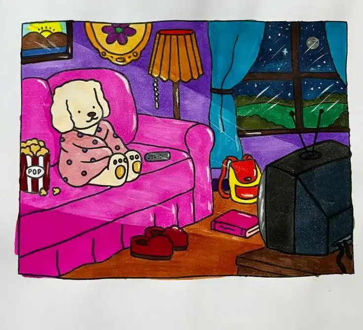 Desenho de um cachorro assistindo TV com luz suave proveniente da tela
