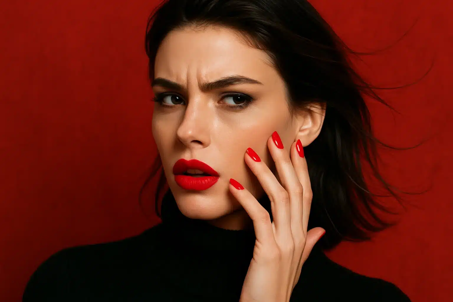 Imagem de uma mulher com unhas e lábios vermelhos, olhando com expressão intrigada. A foto é focada na manicure de esmalte vermelho, tema inverno.