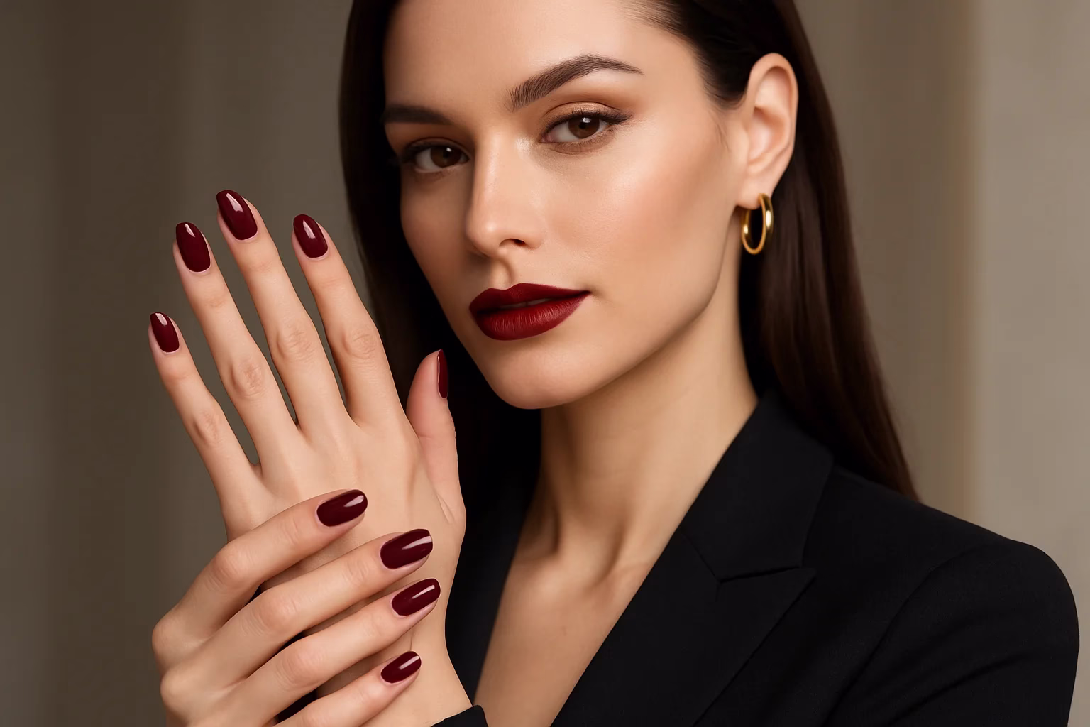 Imagem de unha com esmalte vinho sofisticado, combinando com look elegante.