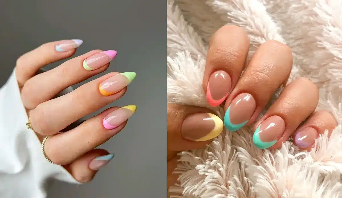Unhas francesinha com esmalte colorido em tons suaves, mostrando uma tendência moderna e vibrante.