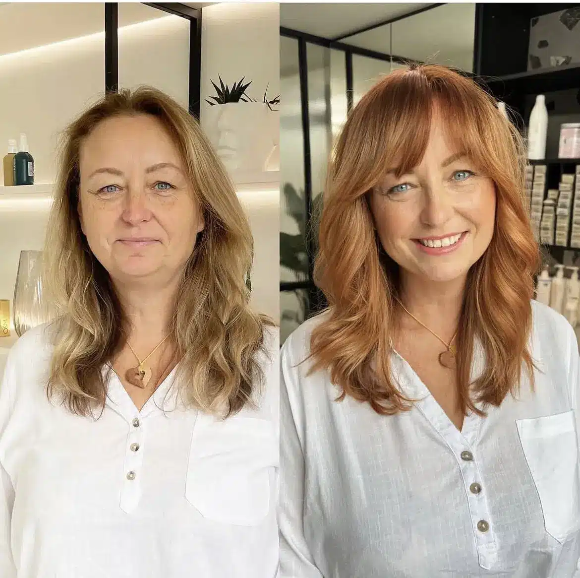 Antes e depois de um corte de franja cortininha, mostrando um visual mais suave e iluminado.