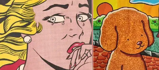 Imagem de uma mulher chorando, inspirada em estilo pop art, ao lado de uma pintura Bobbie Goods de um cachorro.
