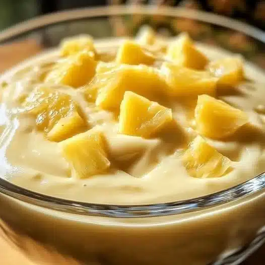 Gelado de abacaxi com creme, uma sobremesa refrescante e cremosa com pedaços de abacaxi.