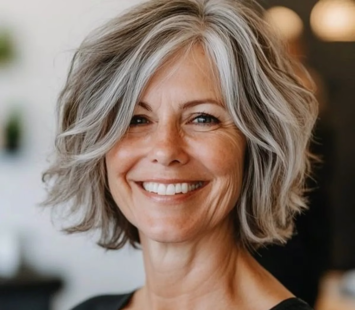 Mulher de cabelo grisalho com mechas platinadas, sorrindo e exibindo um visual elegante e moderno.