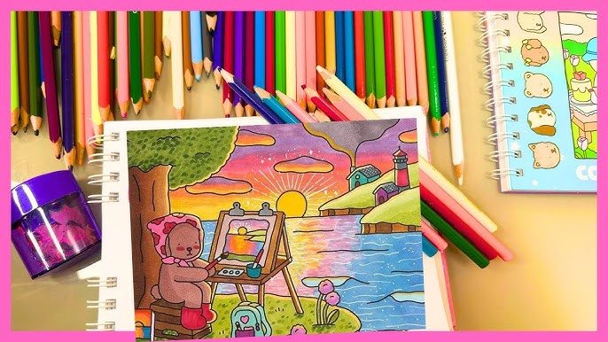 Desenho Bobbie Goods colorido com urso pintando pôr do sol em paisagem alegre