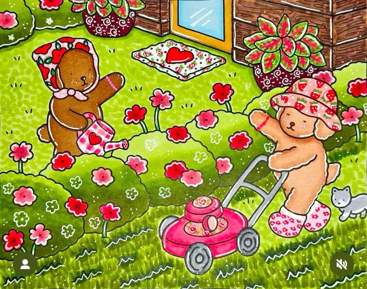 Ilustração de ursinhos cuidando do jardim em estilo Bobbie Goods