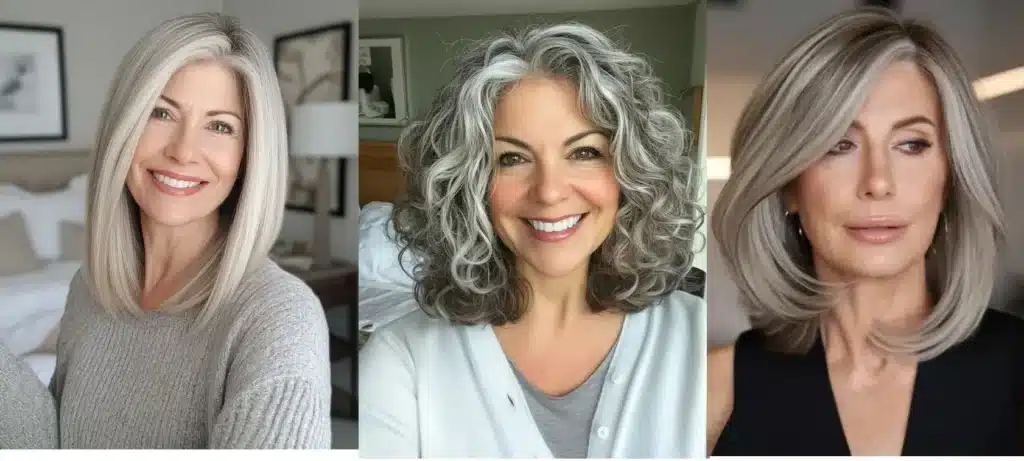 Inspiração de cortes de long bob grisalho com diferentes estilos: liso, ondulado e com franja.