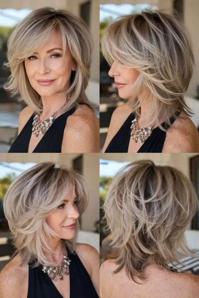 Long bob desfiado, com cabelos loiros e nuances naturais, criando movimento e leveza