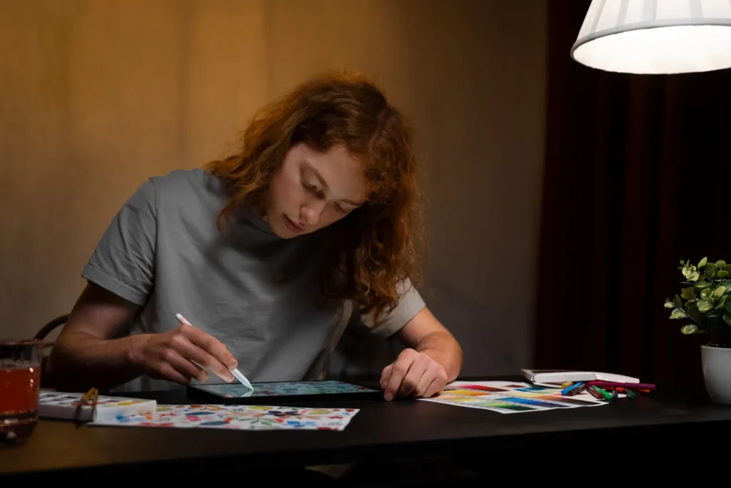 Pessoa colorindo mandalas com foco e atenção, exercitando habilidades cognitivas.