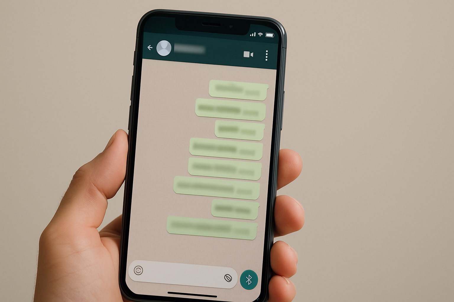 Pessoa segurando celular com conversa no WhatsApp exibida na tela.