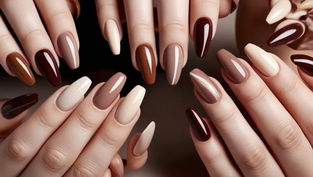 Unhas esmaltadas em tons terrosos de mocha, chocolate e café com leite, trazendo sofisticação e aconchego visual.