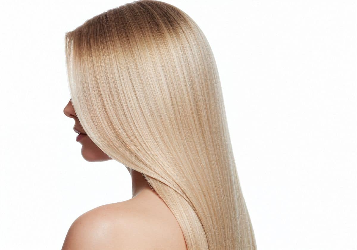 Mulher com cabelo loiro longo e liso visto de perfil