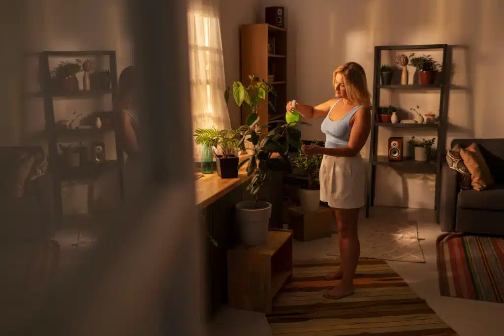 Mulher regando plantas em um ambiente tranquilo, com luz suave e estantes de plantas ao fundo.