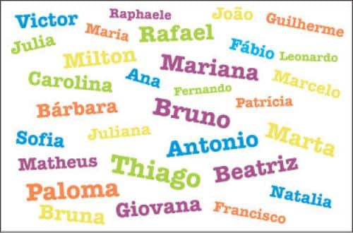 Nuvem de palavras com os nomes mais registrados no Brasil segundo o IBGE