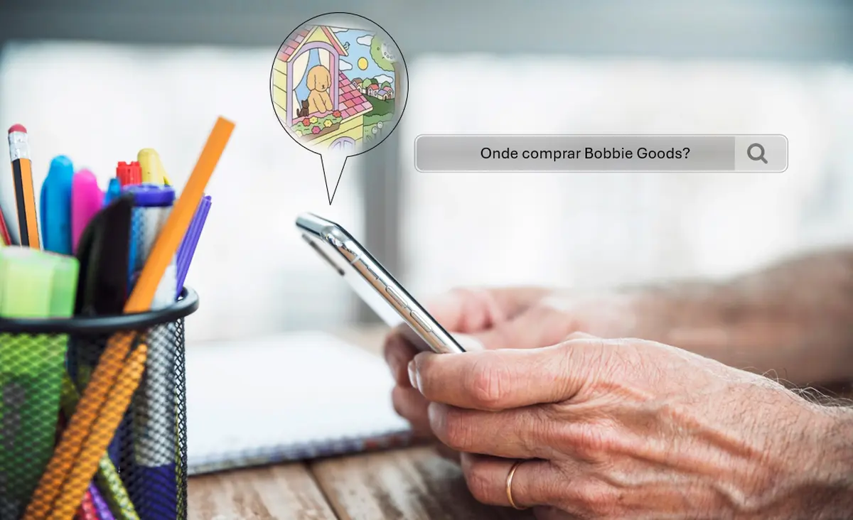 Imagem de um celular com a pesquisa sobre onde comprar itens Bobbie Goods, destacando um desenho lúdico com uma casa e um cachorro.