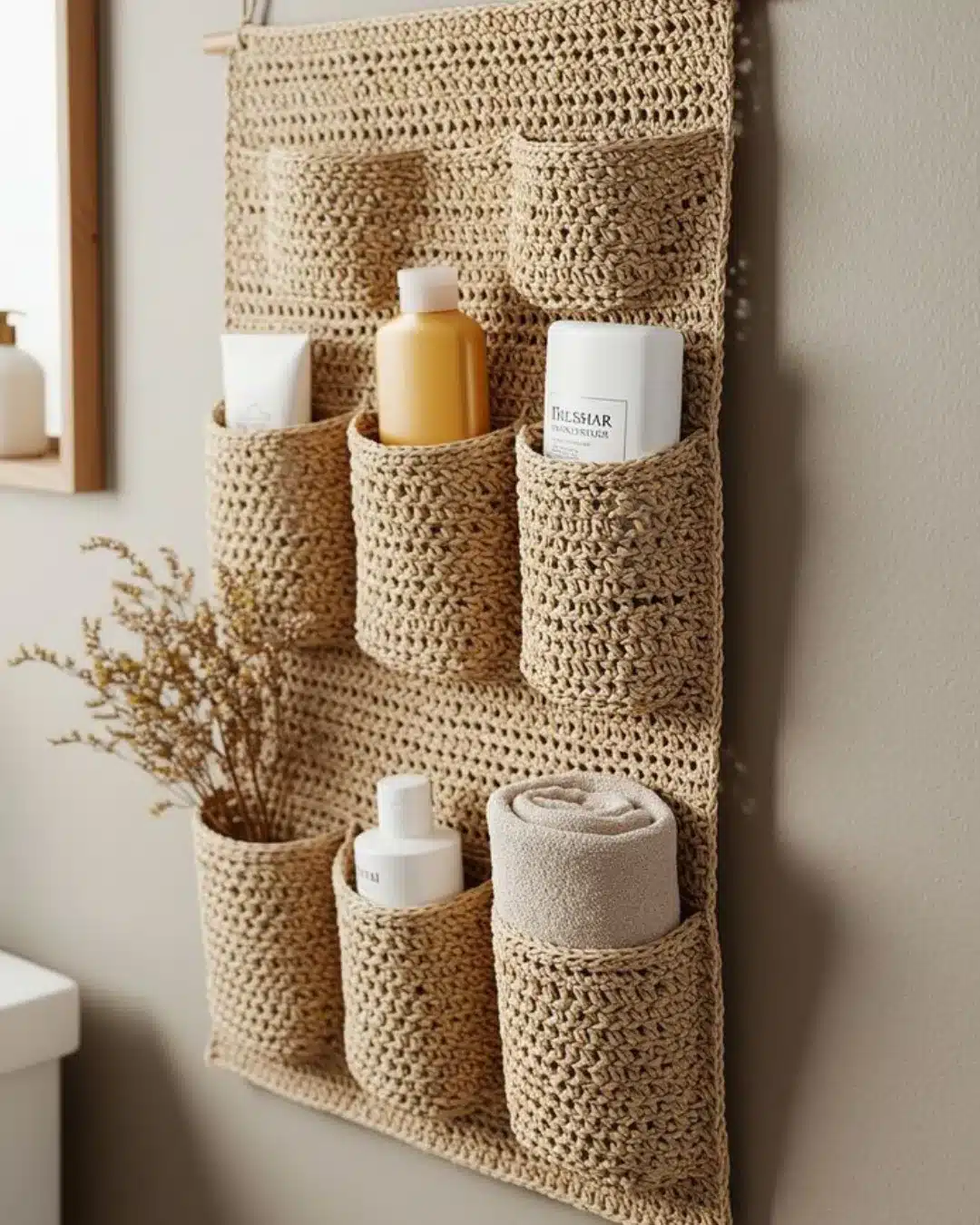 Organizador de banho de crochê com compartimentos para produtos e toalhas.